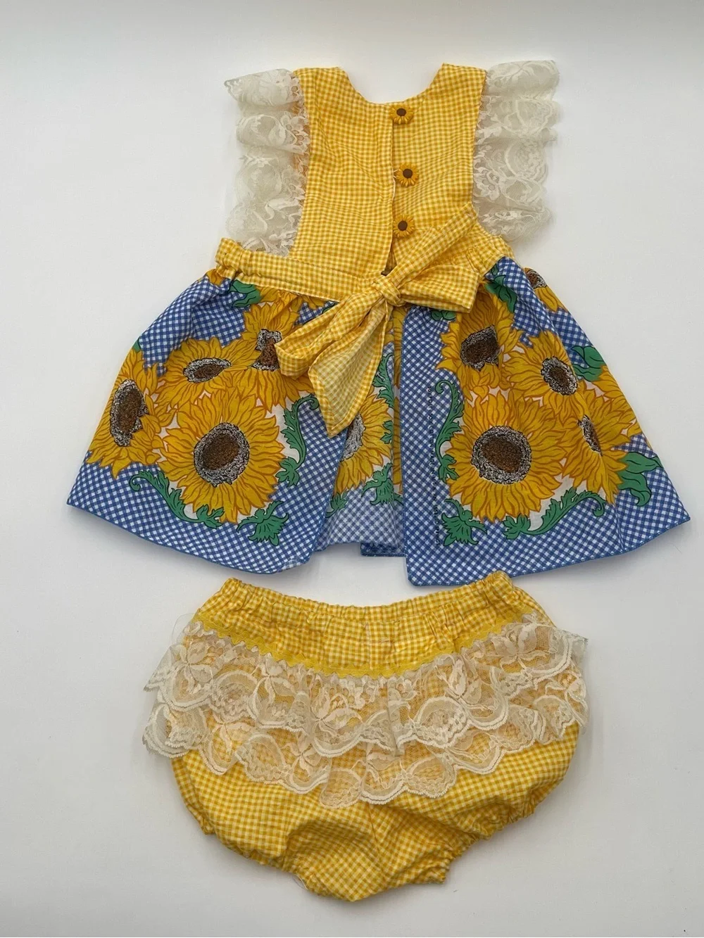 Handmade Sunflower Gingham Baby Dress with Blooming Skirt Lace Florals 9 mos